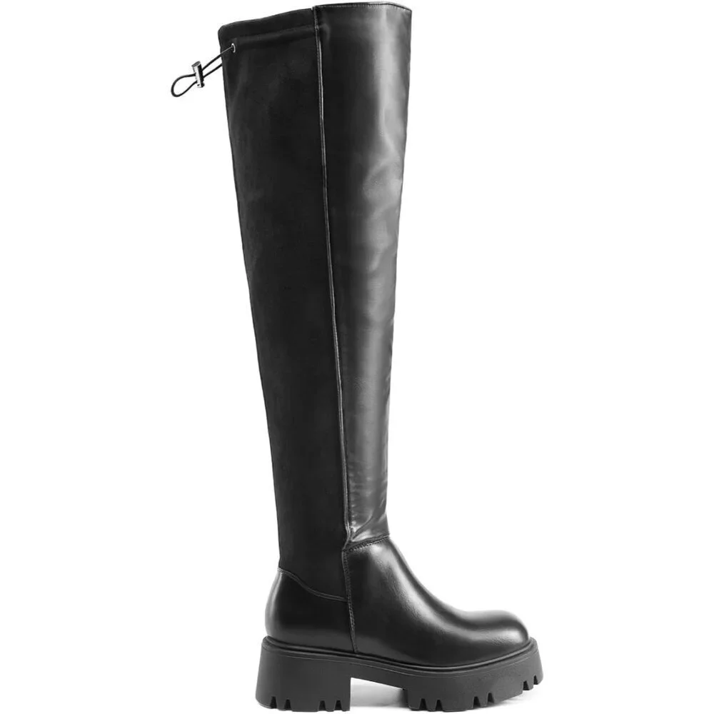 Women's Black-pu Faux Leather Over The Knee Lug Sole Round Toe Thigh High Boots